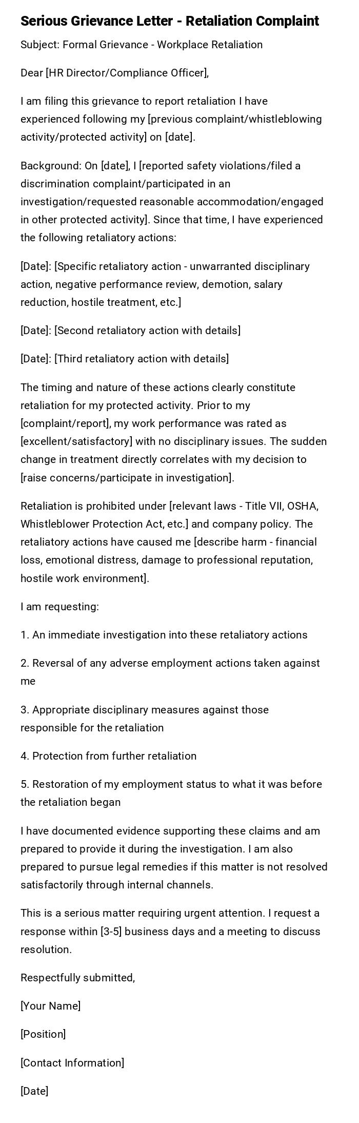 Serious Grievance Letter - Retaliation Complaint Serious Grievance Letter - Retaliation Complaint
