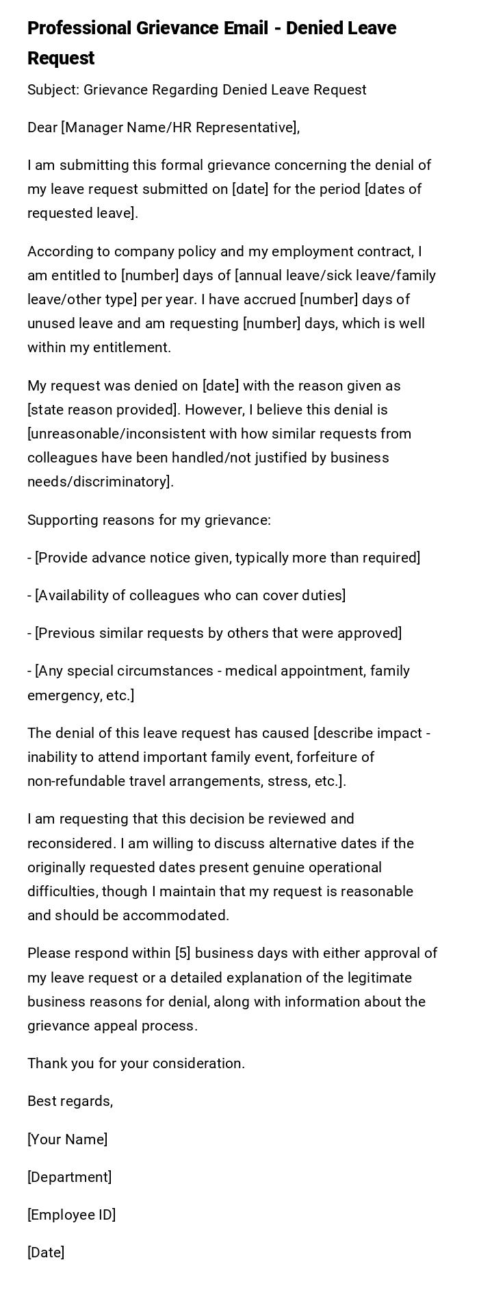 Professional Grievance Email - Denied Leave Request Professional Grievance Email - Denied Leave Request