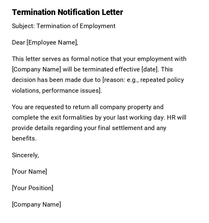 Termination Notification Letter Termination Notification Letter