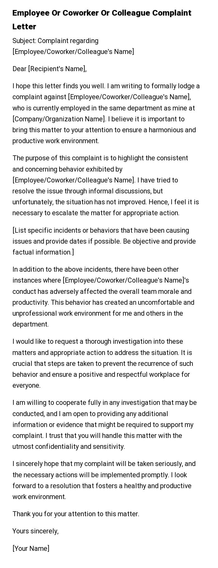 Employee Or Coworker Or Colleague Complaint Letter
