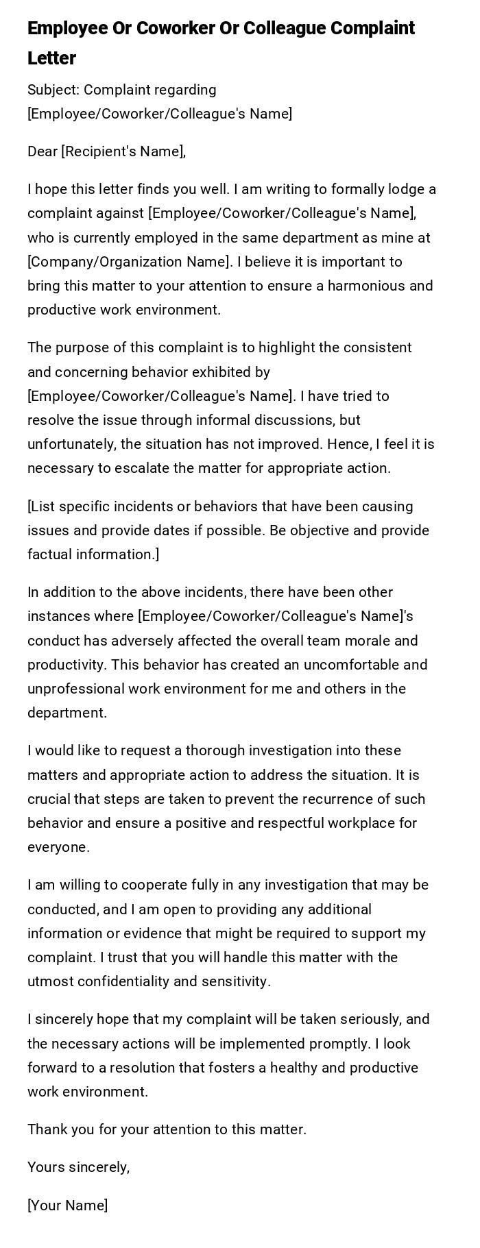 Employee Or Coworker Or Colleague Complaint Letter