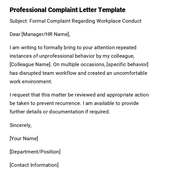 Professional Complaint Letter Template