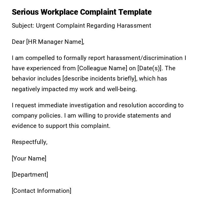 Serious Workplace Complaint Template
