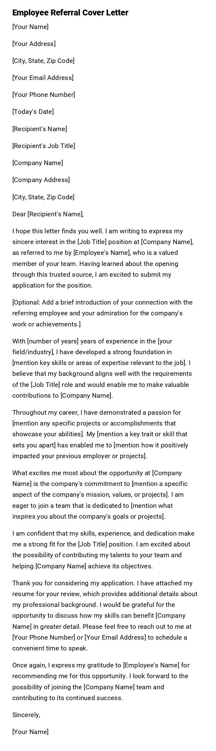 Employee Referral Cover Letter