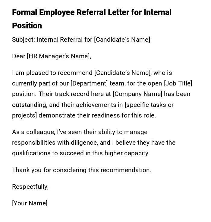 Formal Employee Referral Letter for Internal Position Formal Employee Referral Letter for Internal Position