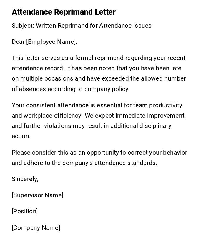 Attendance Reprimand Letter Attendance Reprimand Letter