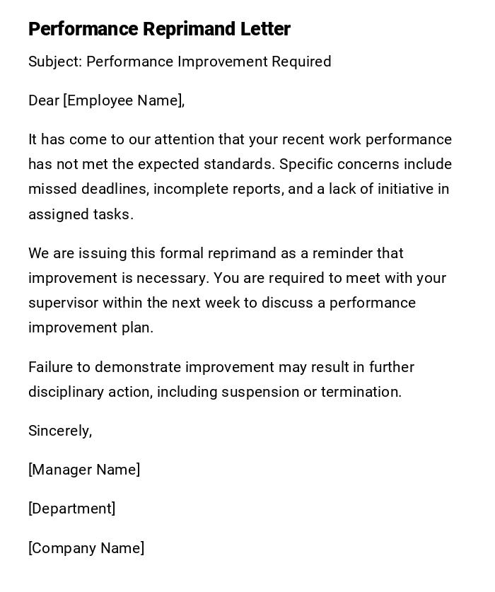 Performance Reprimand Letter Performance Reprimand Letter