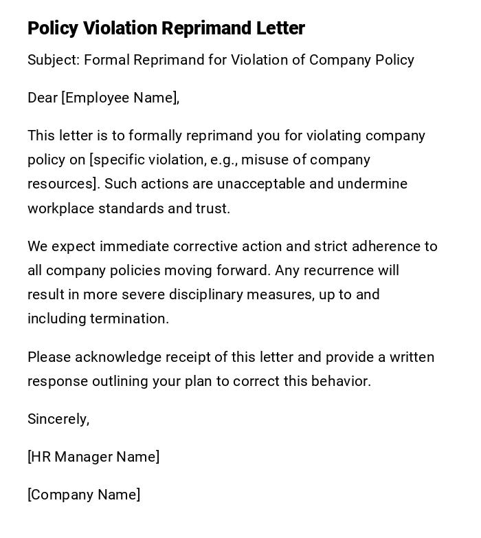 Policy Violation Reprimand Letter Policy Violation Reprimand Letter