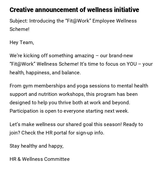 Creative announcement of wellness initiative Creative announcement of wellness initiative