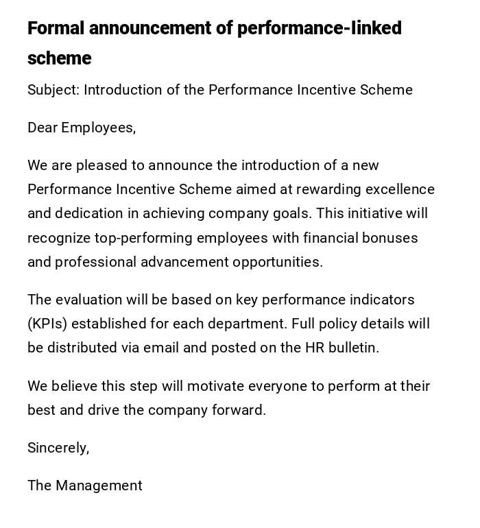 Formal announcement of performance-linked scheme Formal announcement of performance-linked scheme