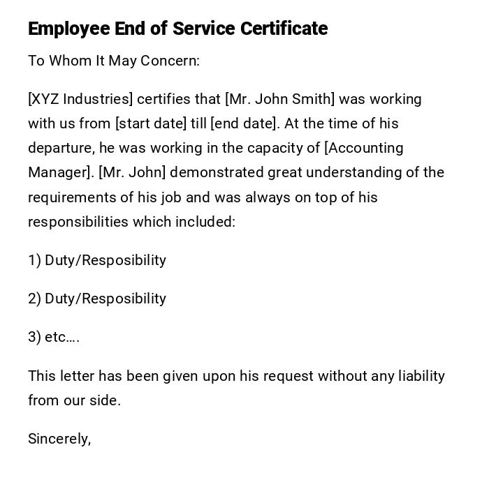 Employee End of Service Certificate Employee End of Service Certificate