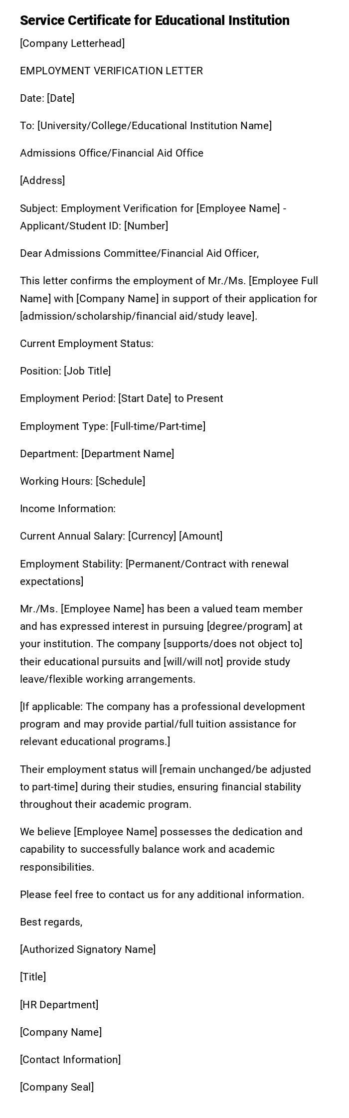 Service Certificate for Educational Institution Service Certificate for Educational Institution
