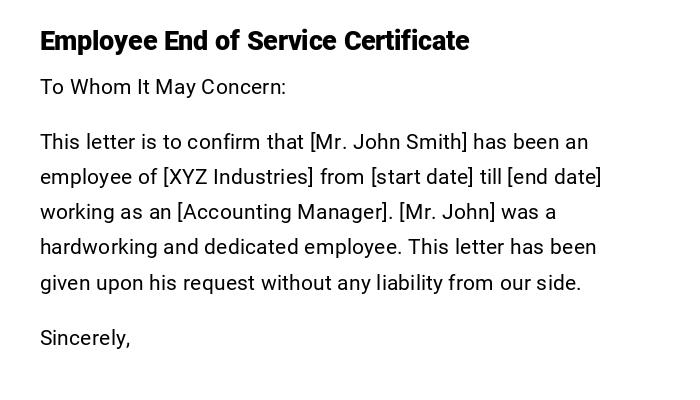 Employee End of Service Certificate Employee End of Service Certificate