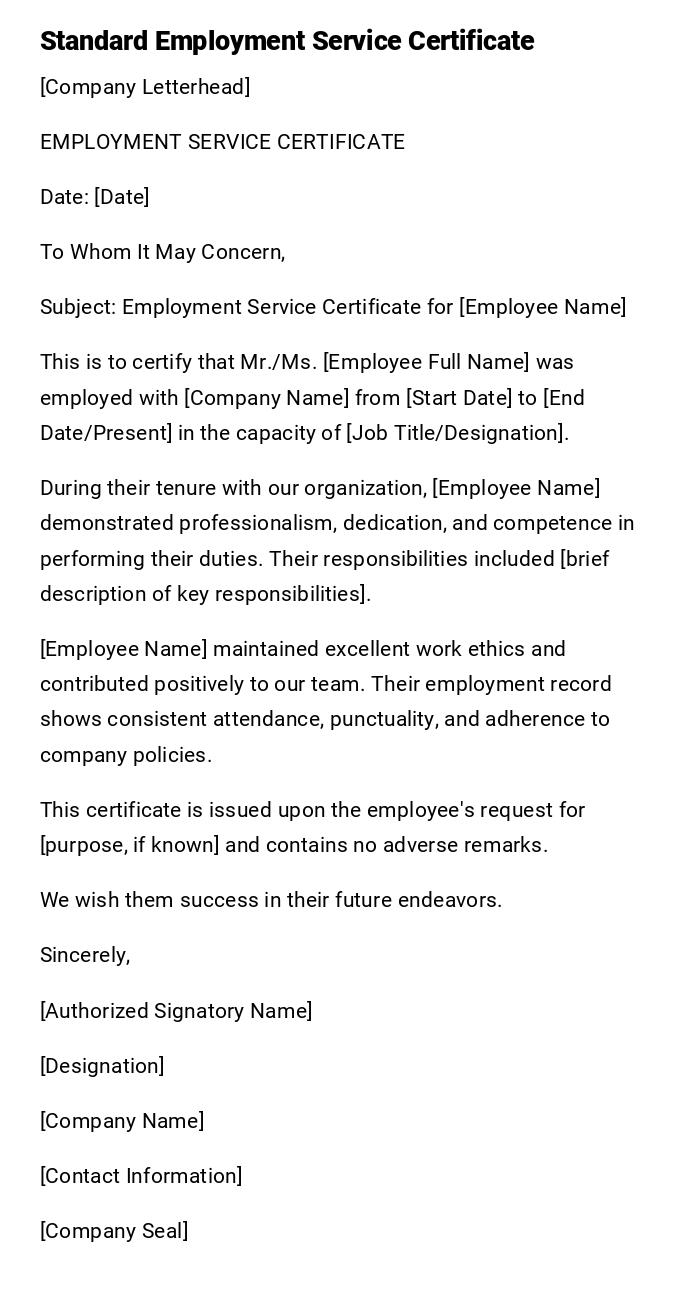 Standard Employment Service Certificate Standard Employment Service Certificate