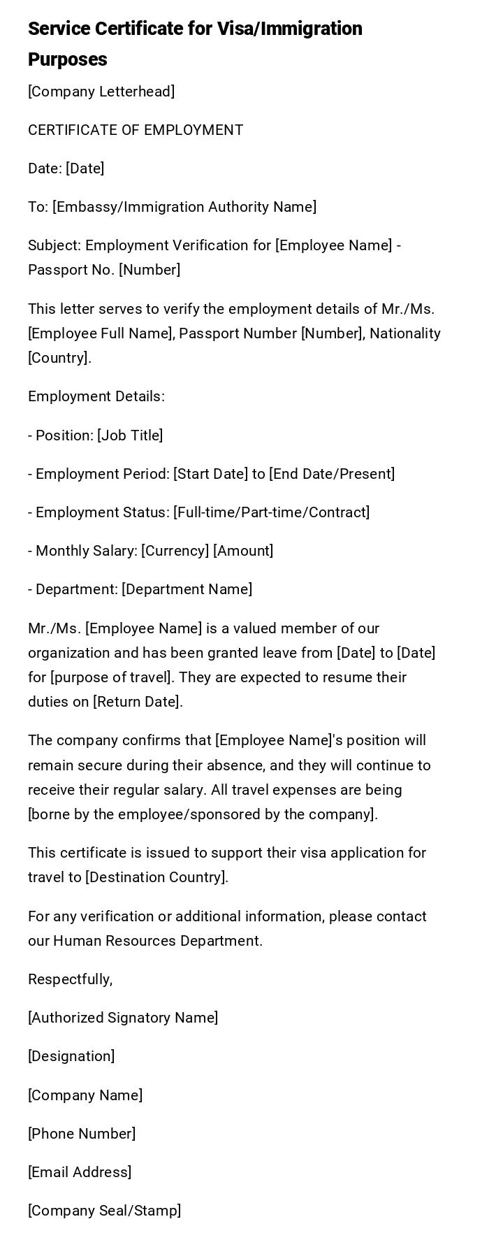 Service Certificate for Visa/Immigration Purposes Service Certificate for Visa/Immigration Purposes