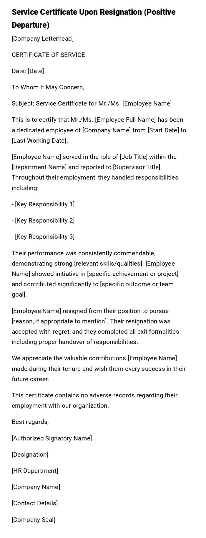 Service Certificate Upon Resignation (Positive Departure) Service Certificate Upon Resignation (Positive Departure)