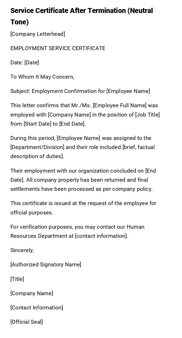 Service Certificate After Termination (Neutral Tone) Service Certificate After Termination (Neutral Tone)