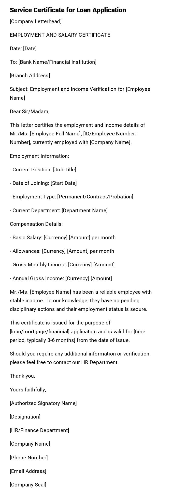 Service Certificate for Loan Application Service Certificate for Loan Application