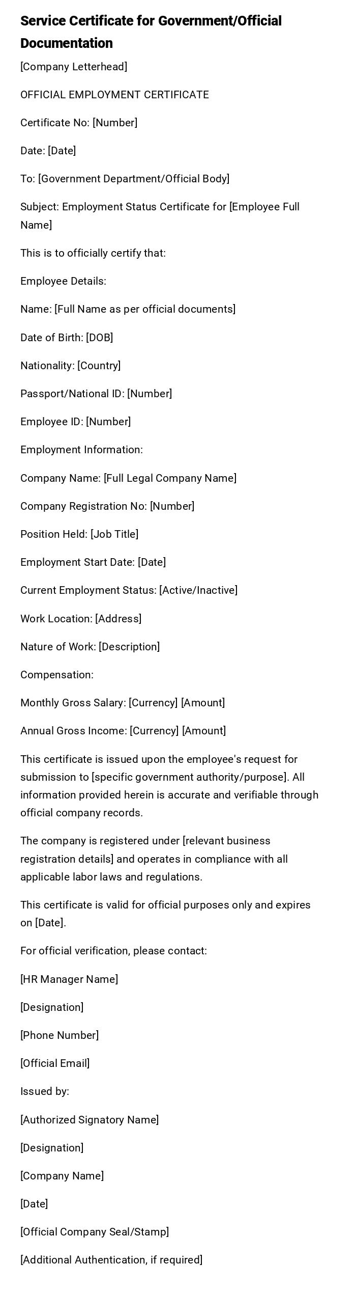 Service Certificate for Government/Official Documentation Service Certificate for Government/Official Documentation
