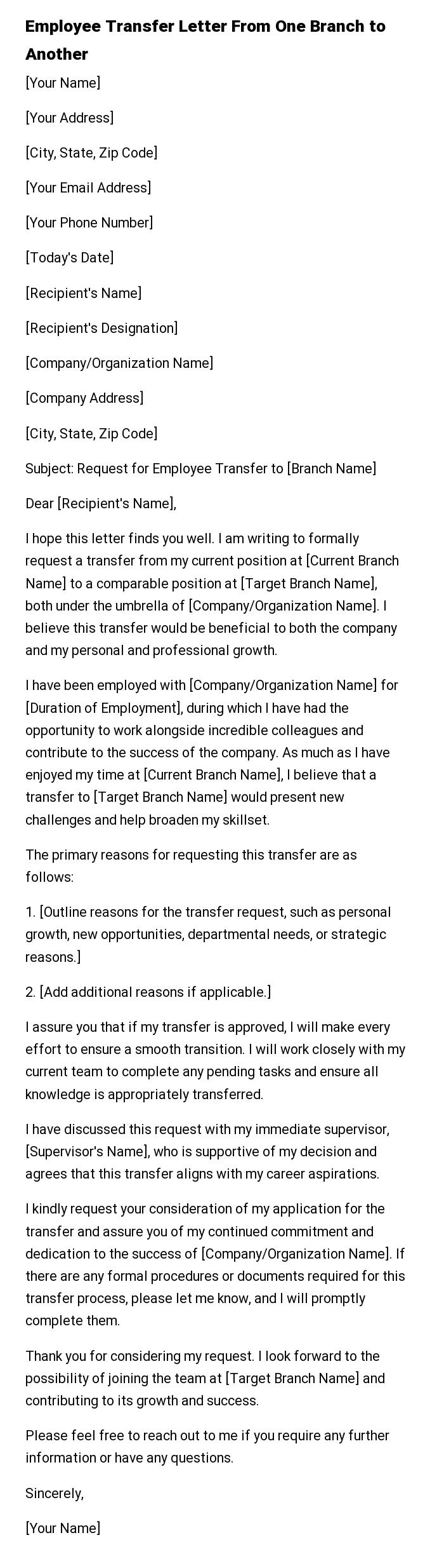 Employee Transfer Letter From One Branch to Another