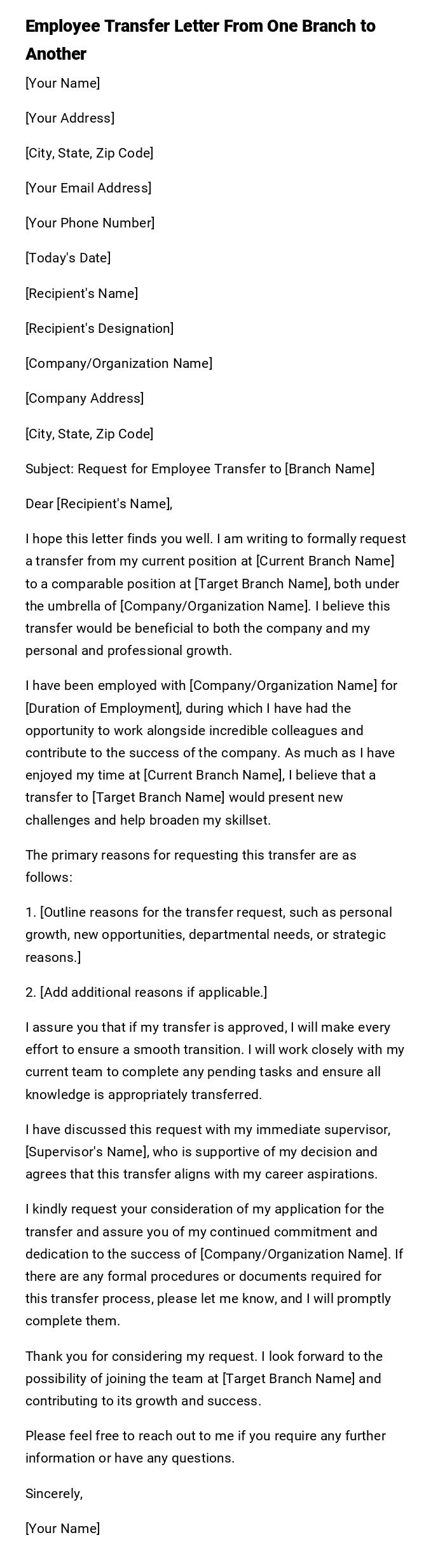 Employee Transfer Letter From One Branch to Another