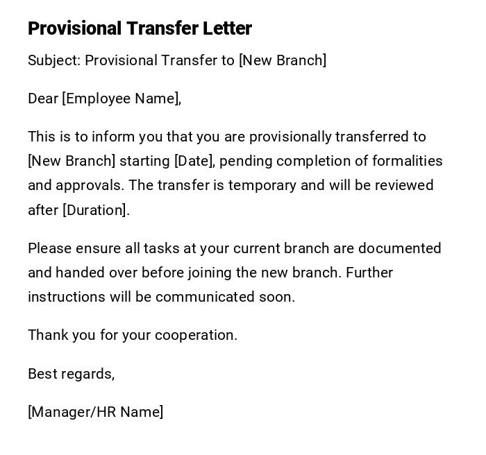Provisional Transfer Letter Provisional Transfer Letter