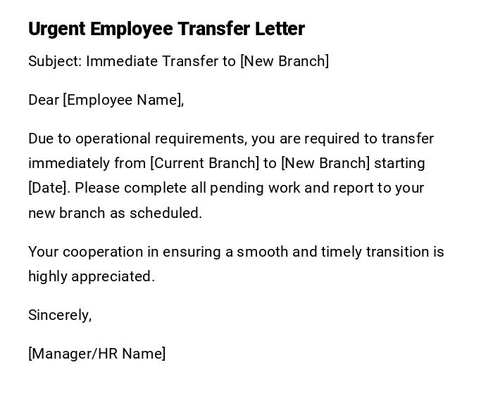 Urgent Employee Transfer Letter Urgent Employee Transfer Letter