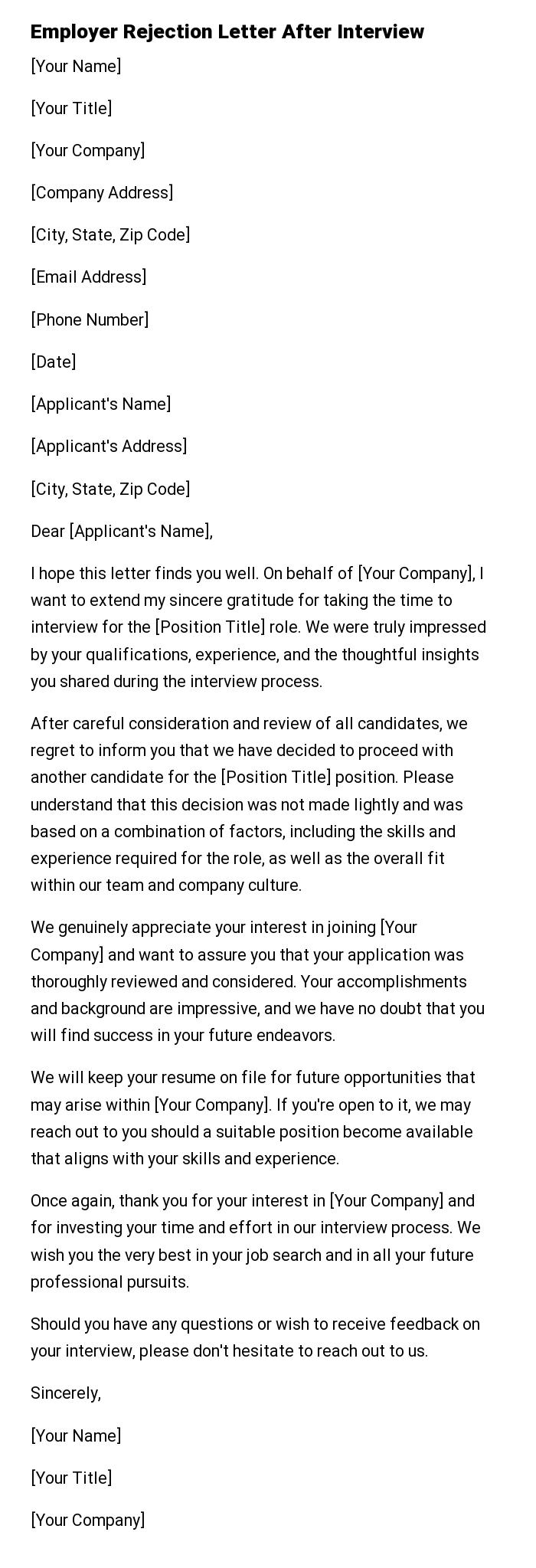 Employer Rejection Letter After Interview
