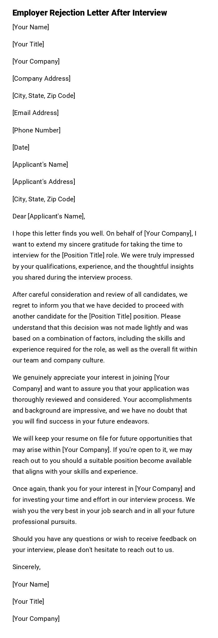 Employer Rejection Letter After Interview