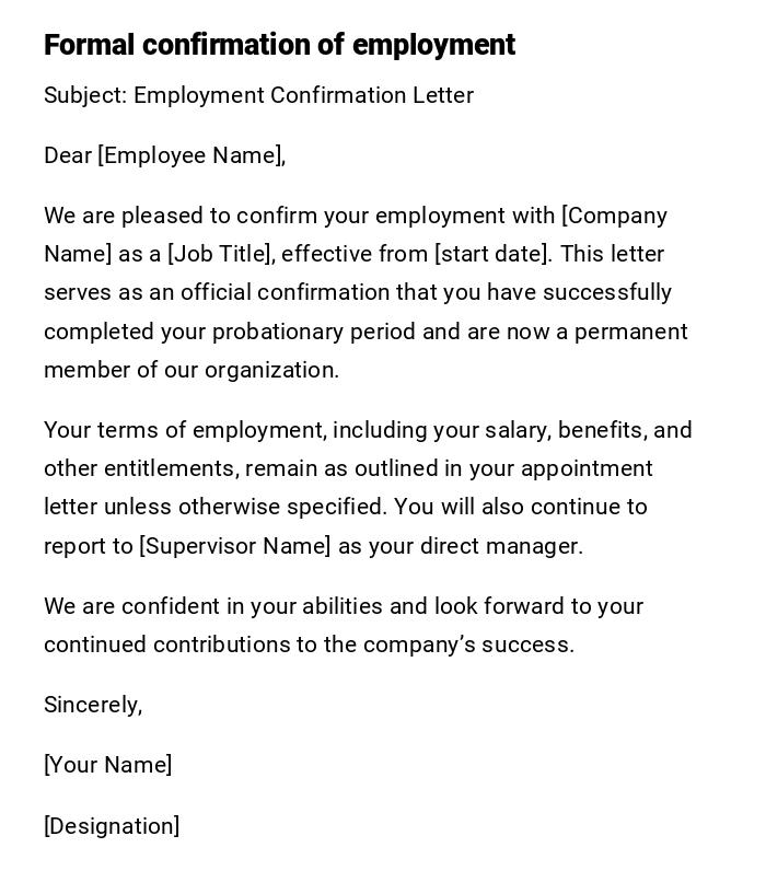 Formal confirmation of employment