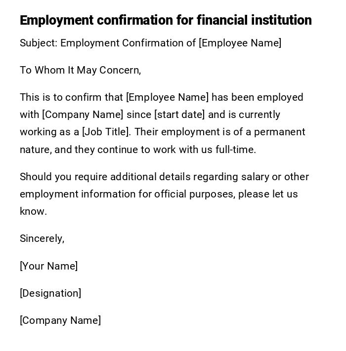 Employment confirmation for financial institution