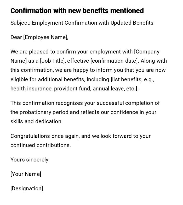 Confirmation with new benefits mentioned
