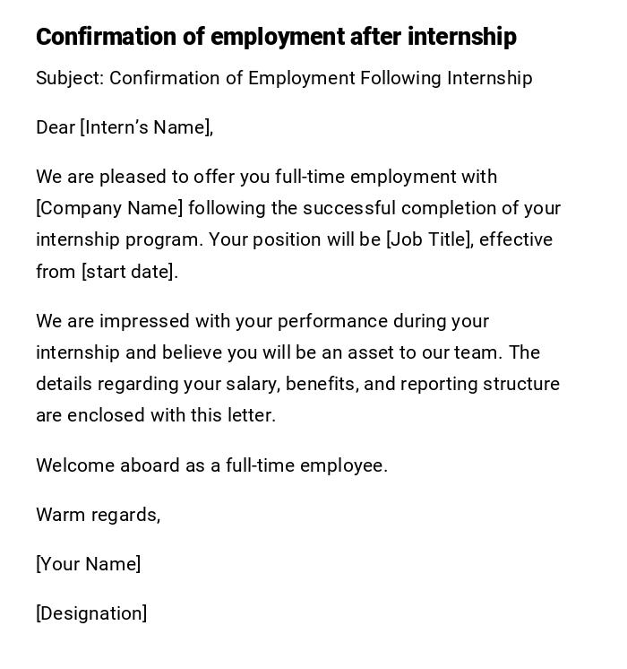 Confirmation of employment after internship