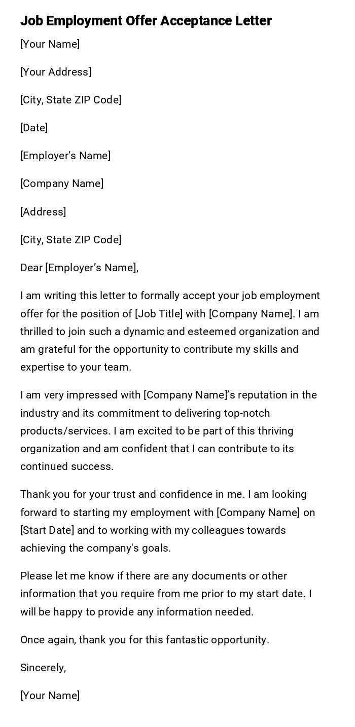 Job Employment Offer Acceptance Letter Job Employment Offer Acceptance Letter