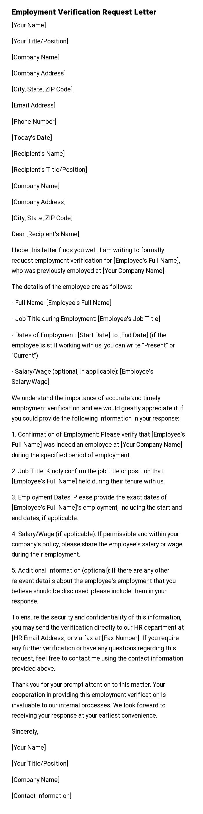 Employment Verification Request Letter