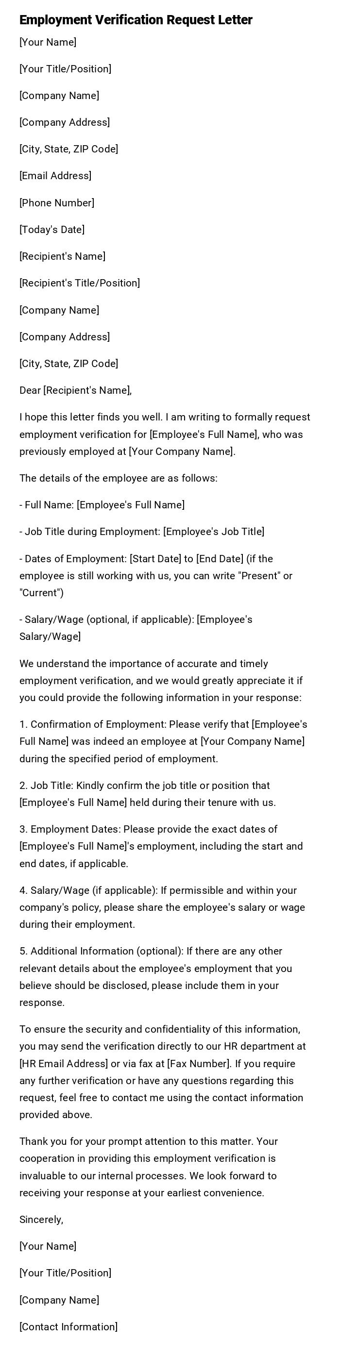 Employment Verification Request Letter