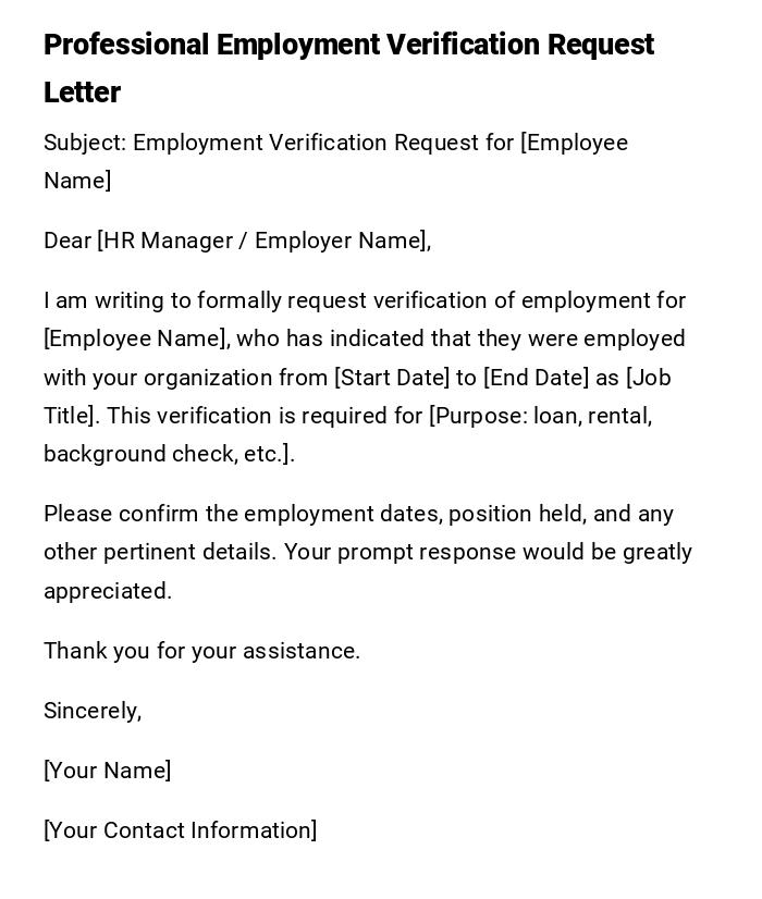 Professional Employment Verification Request Letter Professional Employment Verification Request Letter