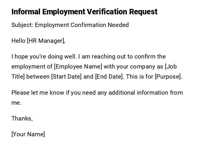 Informal Employment Verification Request Informal Employment Verification Request