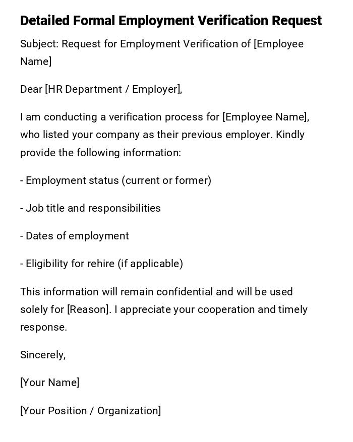 Detailed Formal Employment Verification Request Detailed Formal Employment Verification Request