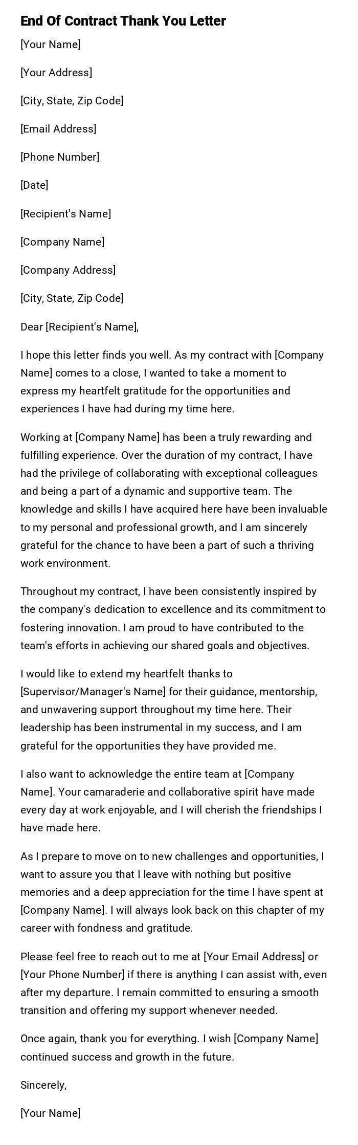 End Of Contract Thank You Letter