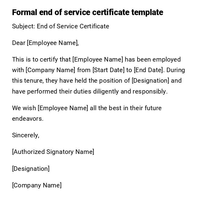 Formal end of service certificate template Formal end of service certificate template