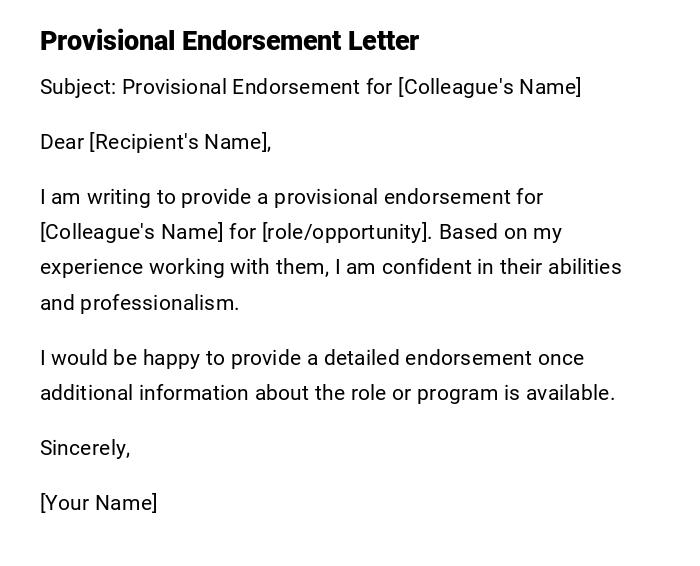 Provisional Endorsement Letter Provisional Endorsement Letter