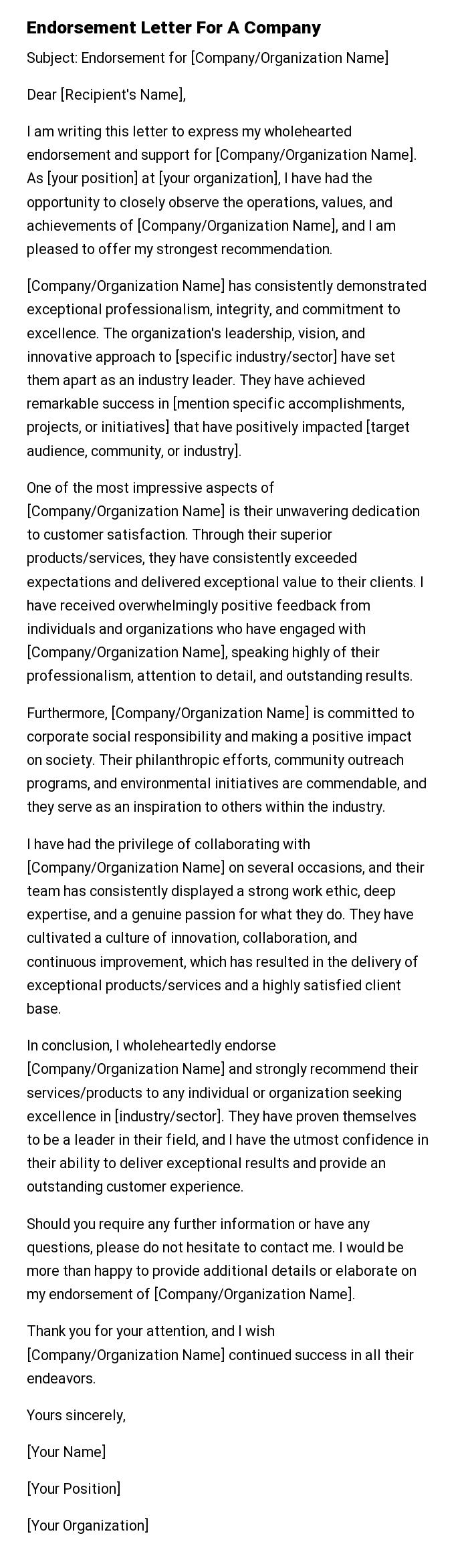 Endorsement Letter For A Company