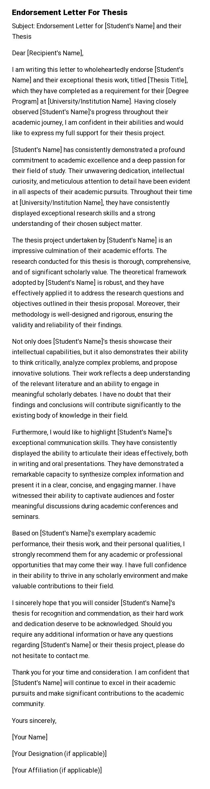 Endorsement Letter For Thesis