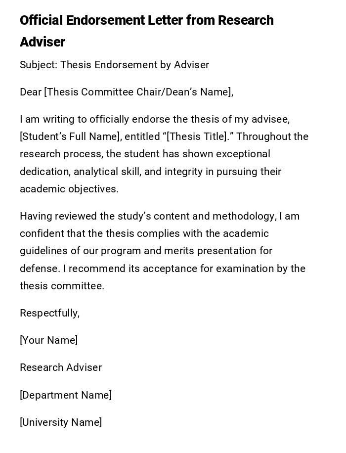 Official Endorsement Letter from Research Adviser Official Endorsement Letter from Research Adviser