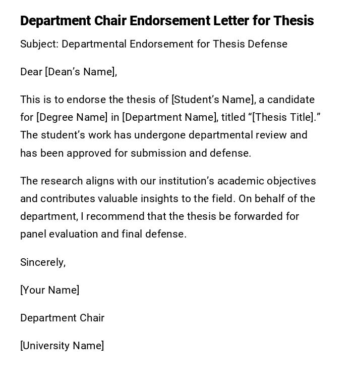 Department Chair Endorsement Letter for Thesis Department Chair Endorsement Letter for Thesis