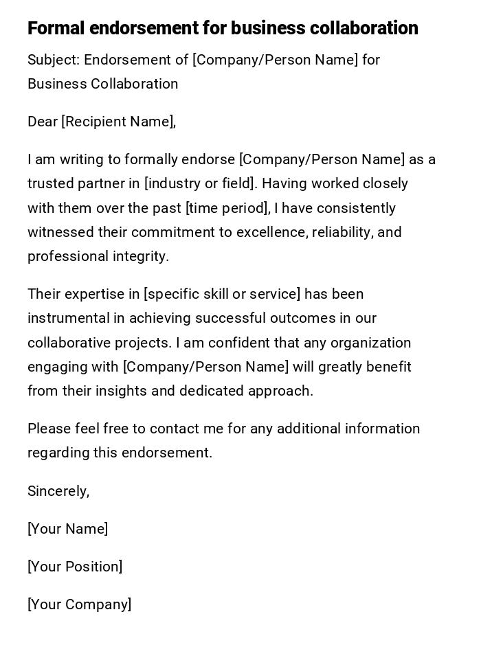 Formal endorsement for business collaboration