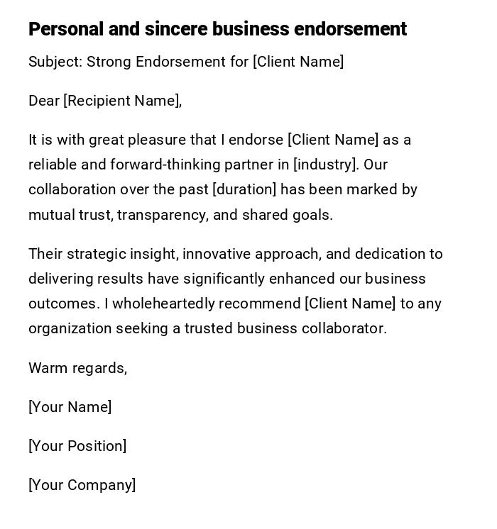 Personal and sincere business endorsement
