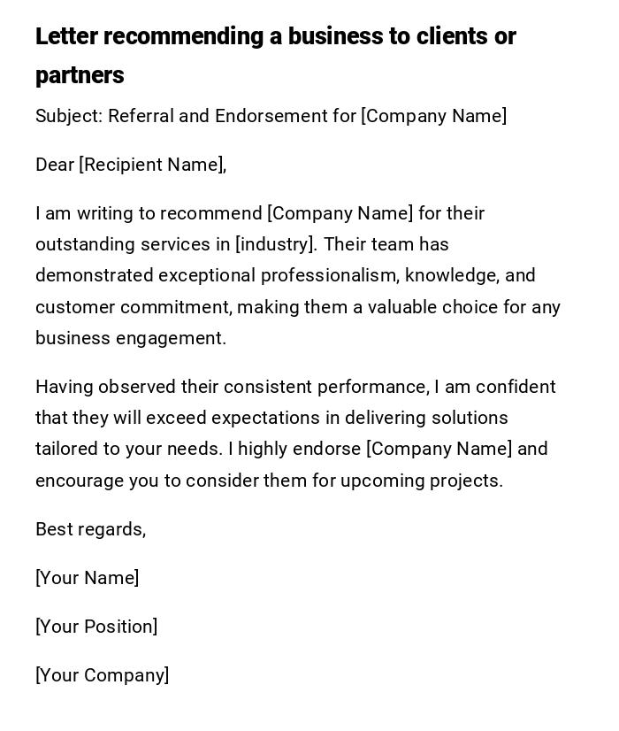 Letter recommending a business to clients or partners