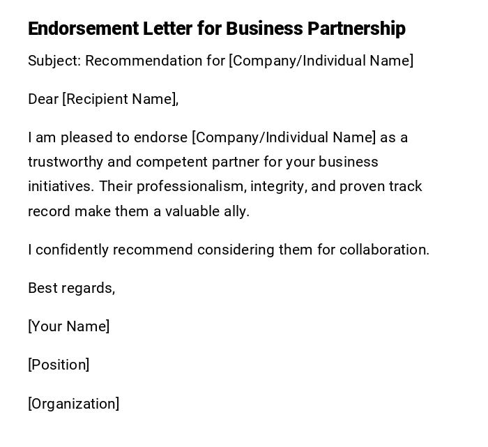 Endorsement Letter for Business Partnership Endorsement Letter for Business Partnership